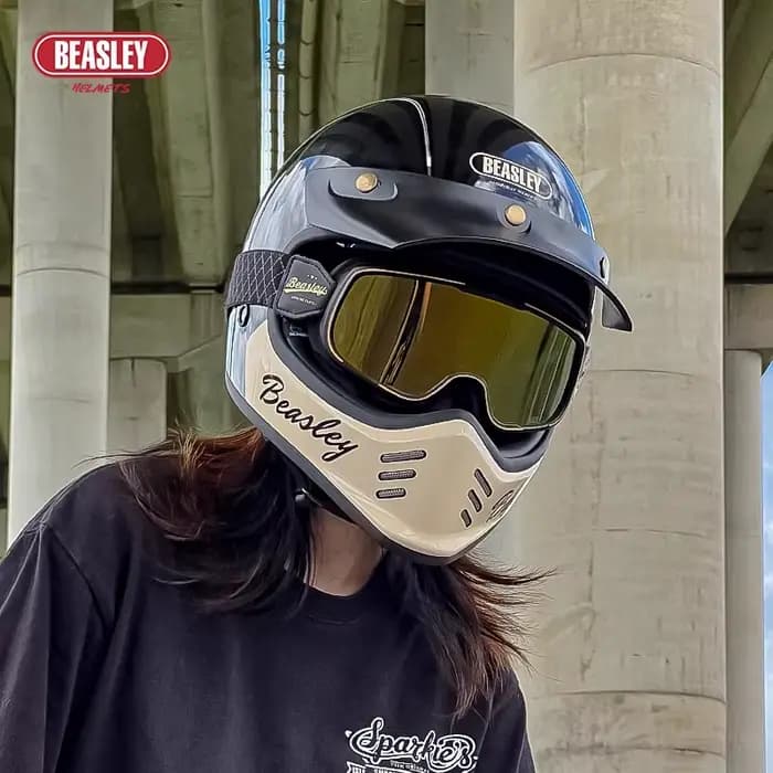 BEASLEY rétro casque complet moto autoroute croisière classiques café Racer Cascos ECE Vintage lunettes s-xxxl noir blanc casques