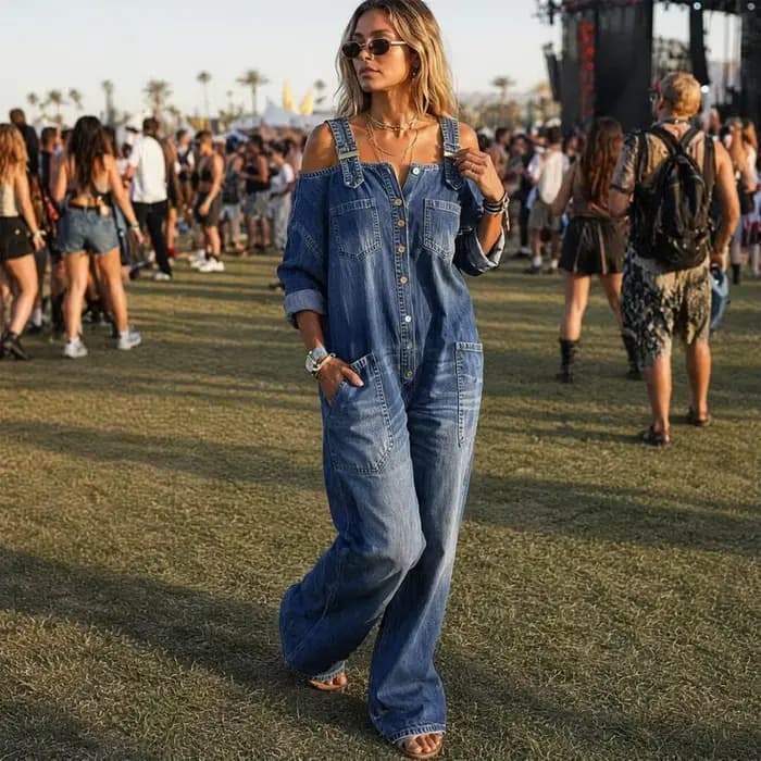 Combinaison en jean d'été pour femme, salopette ample à manches longues et épaules dénudées, combinaison en jean à jambes larges boutonnée avec poches