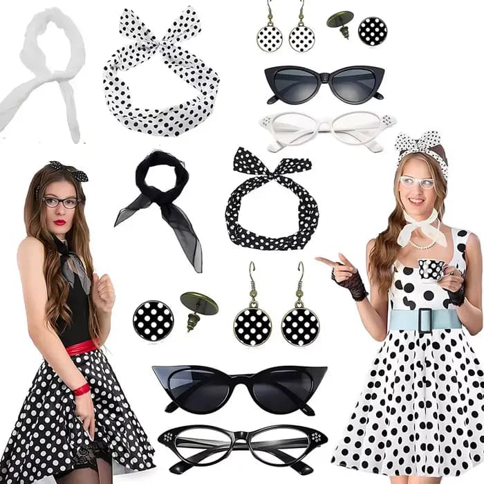 Ensemble d'accessoires de fête Carnival années 1950 à pois : Lunettes œil-de-chat, Bandeau rétro à pois, Gants, Boucles d'oreilles – Tenue d'Halloween