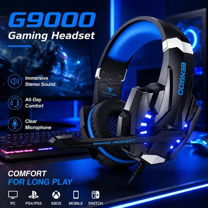 Casque de jeu filaire G9000 avec micro, casque stéréo supra-auriculaire à LED bleue pour PC PS4 PS5 Xbox Switch Ordinateur portable Mobile