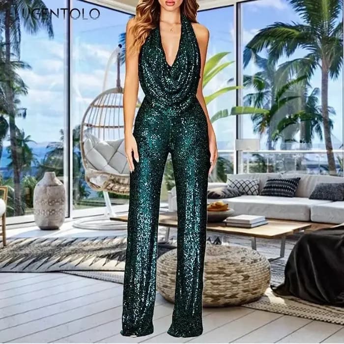 Paillettes Sexy combinaisons femmes licou mode fête d'été élégant sans manches femme nouvelle taille haute rue droite barboteuses