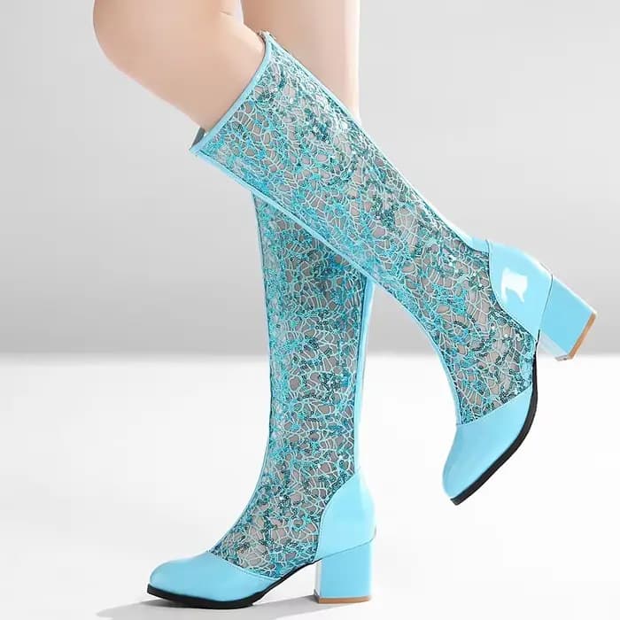 Printemps été femmes bottes mode genou botte haute fermeture éclair talons bas décontractés maille respirant blanc bleu dames chaussures de fête grande taille