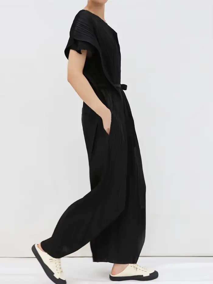 Ata Yake-Combinaison plissée en fibre pour femme, pantalon large décontracté, ceinture noire, bandage, vêtements d'automne, été, 2023