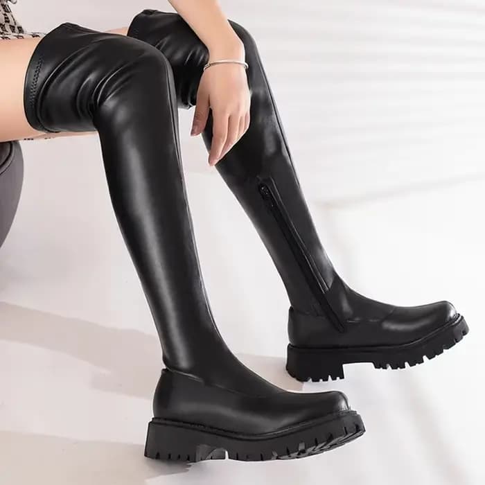 BLXQPYT Botas De Mujer Sexy élastique cuissardes bottes bout rond fond épais chaud sur le genou femmes