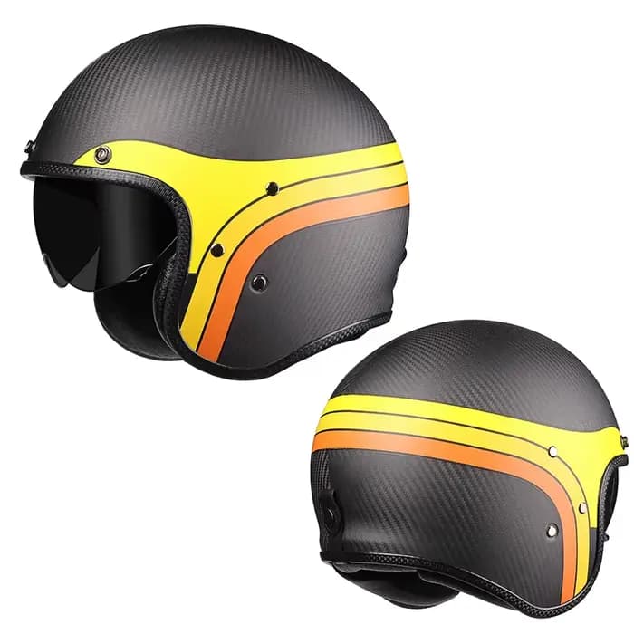 Casque Moto Vintage Jet Rétro 3/4 en Fibre de Carbone Authentique pour Cafe Racer avec Visière Intérieure