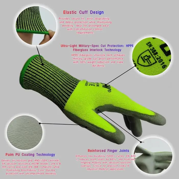 3 paires de gants résistants aux coupures de niveau militaire 5 EN388/CE/ISO-fibre de verre HPPE