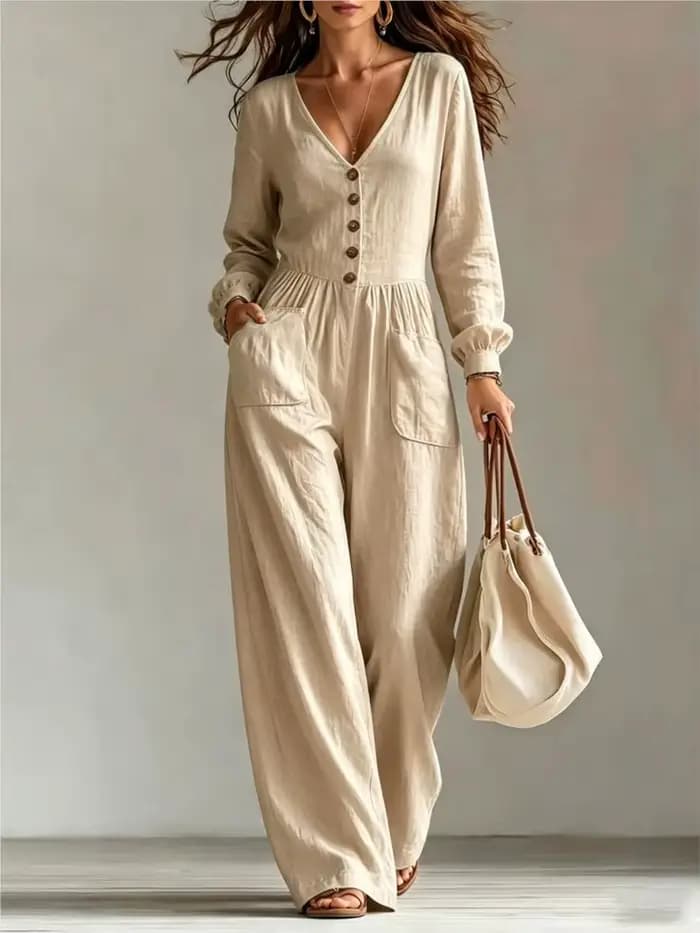 Combinaison blanche pour femme, col en V profond, manches longues, boutonnée sur le devant, jambes larges, décontractée, avec poches, tenue de plage pour les vacances