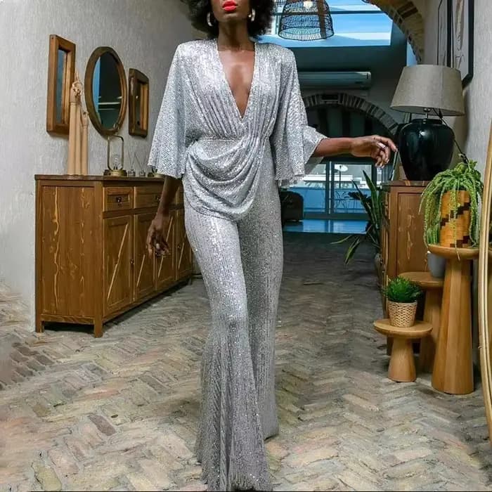 Combinaison dos nu à paillettes pour femmes, demi-manches, pantalon à jambes larges, combinaisons de fête, Sexy