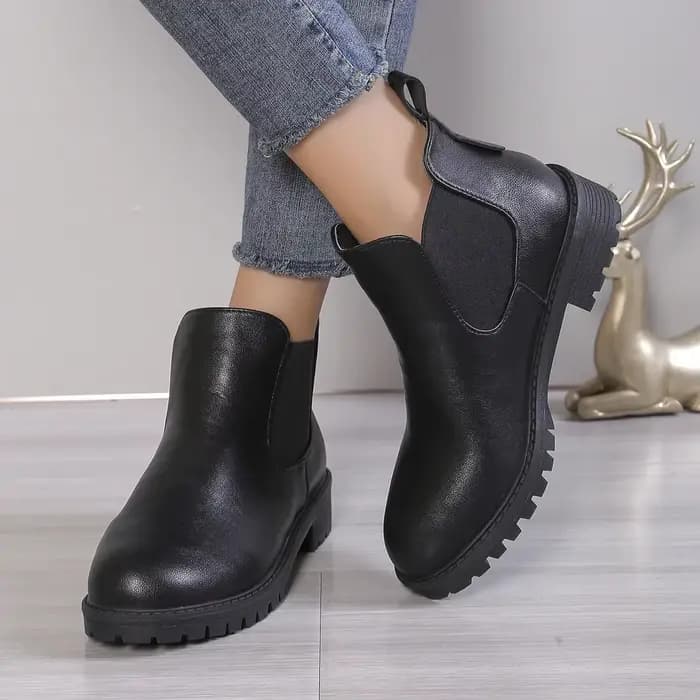 Bottines Chelsea décontractées à bout rond pour femmes, bottes courtes en cuir PU noir, confortables, talons bas, à enfiler, 2024