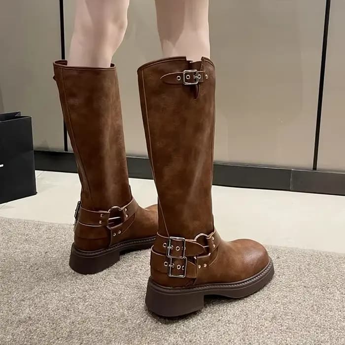 Mode boucle de ceinture bottes gothiques pour femmes marron talons épais genou haute