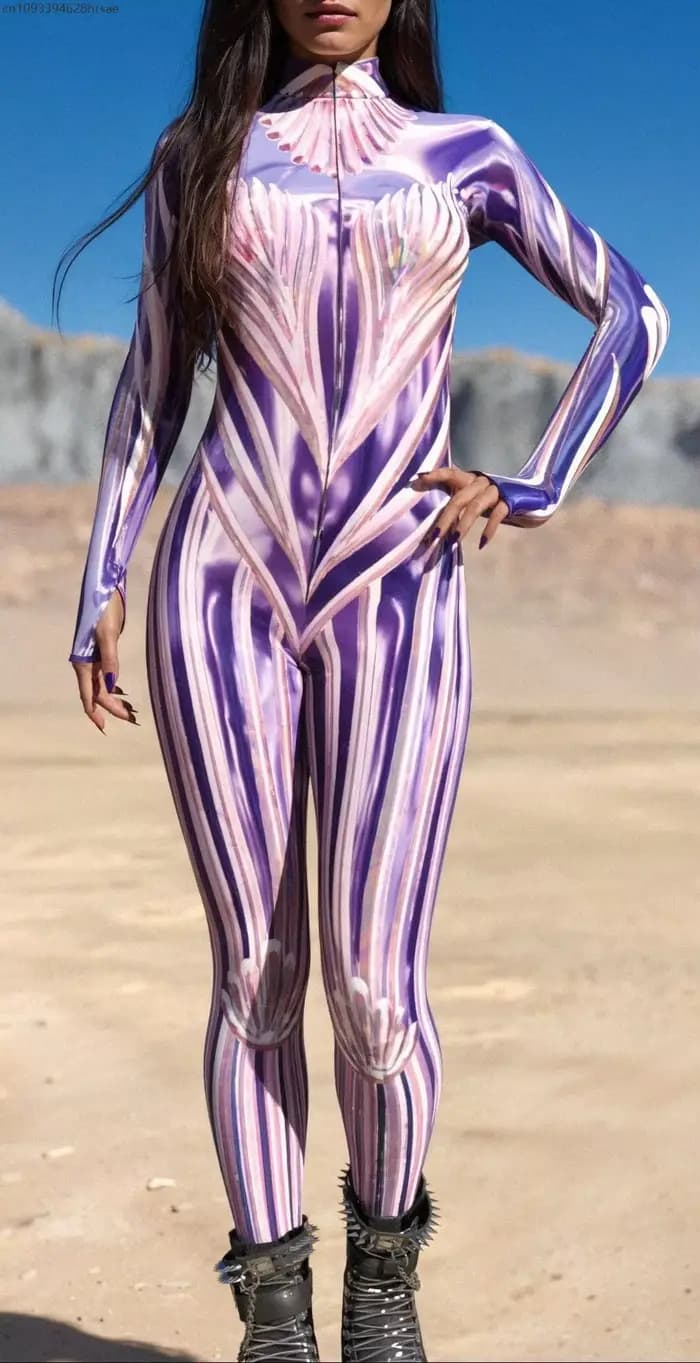 Combinaison moulante sexy pour femme, costume de cosplay pour festival de musique, performance scénique, combinaison intégrale rayée violette