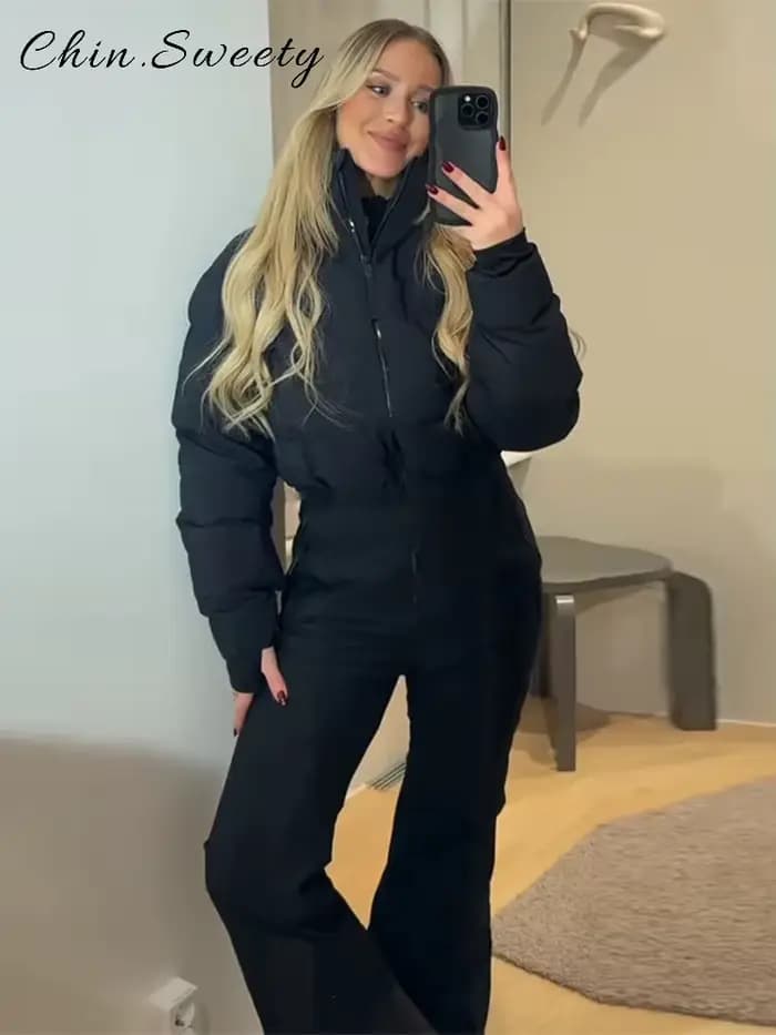 Combinaison de ski chaude pour femme avec ceinture, col montant, manches longues, fermeture éclair, coupe droite, épaisse, collection Hiver 2026, vêtements chics pour femme
