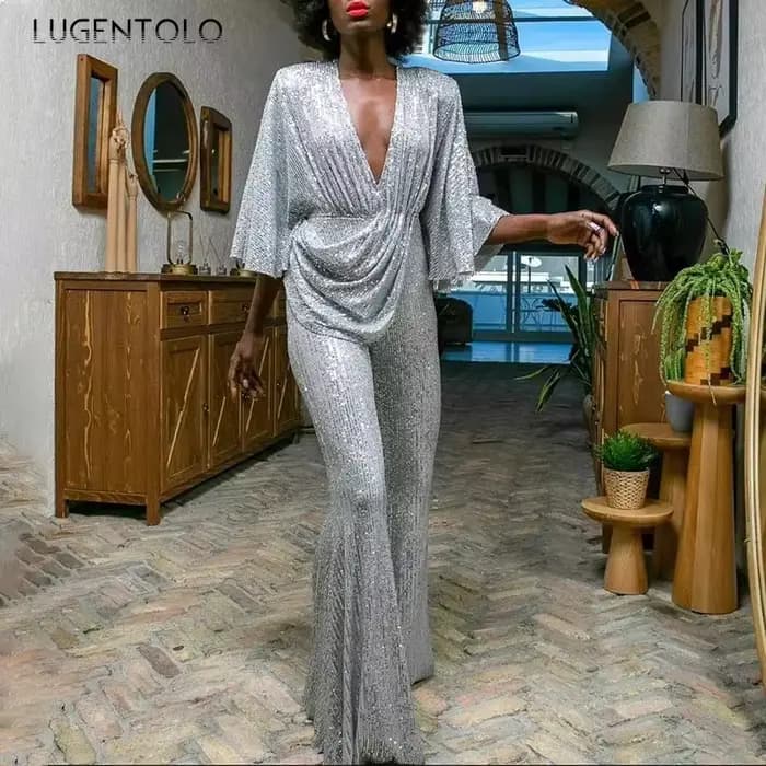 Combinaison à paillettes pour femmes, Sexy, décolleté en V profond, dos nu, élégante, mode, manches mi-longues, pantalon à jambes larges, nouvelles combinaisons de fête