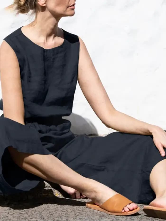 Combinaison en coton et lin pour femmes, élégante, couleur unie, avec boutons, col rond, poche en fibre, taille élastique, vêtements de bureau
