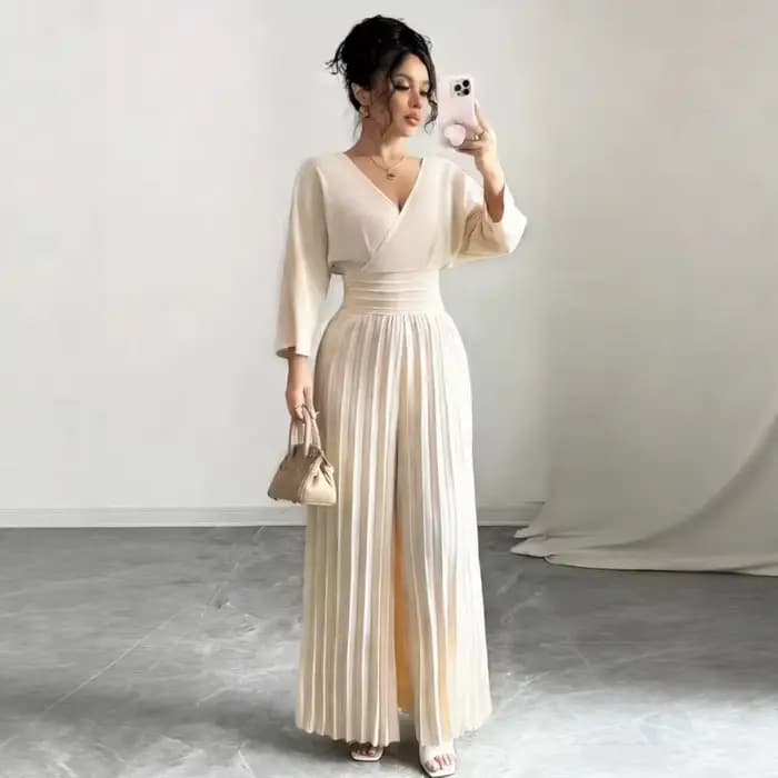 Combinaison Palazzo plissée taille haute à jambes larges, tendance 2026, col en V, élégante, pour femme, blanche, trois-quarts