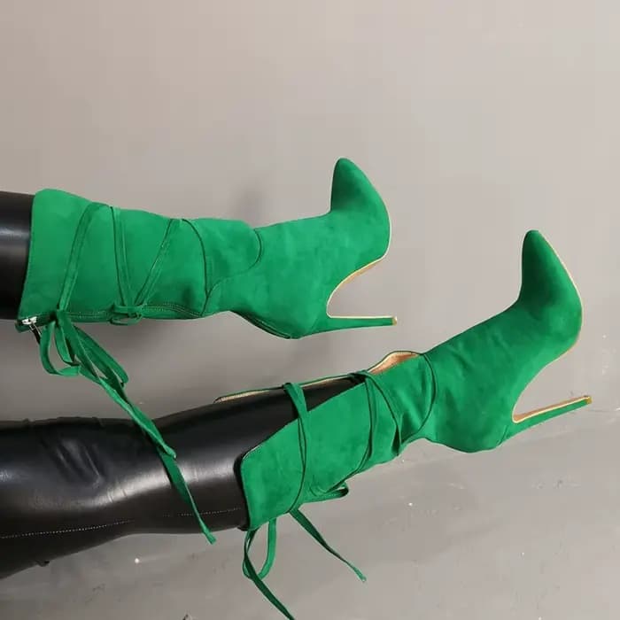 Femmes Sexy talons hauts bottes vertes à lacets mi-mollet chaussons bout pointu dame bottes de fête femme Botas