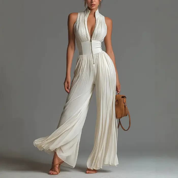 Combinaison plissée blanche 2026 pour femme, coupe longue et large, tendance, sexy, ajustée, sans manches, style Y2K