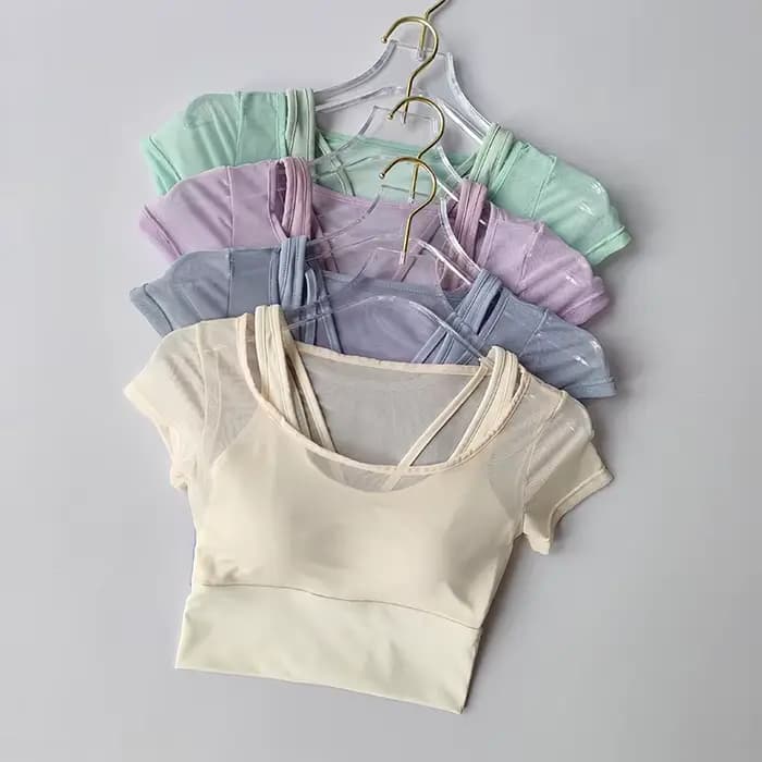 Combinaison de Fitness pour femmes, entraînement Pilates, coussin de poitrine, haut de Yoga, séchage rapide, sensation haut de gamme, sport, manches courtes, respirant