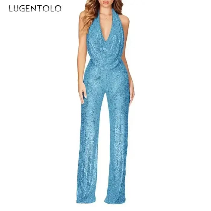Paillettes Sexy combinaisons femmes licou mode fête d'été élégant sans manches femme nouvelle taille haute rue droite barboteuses