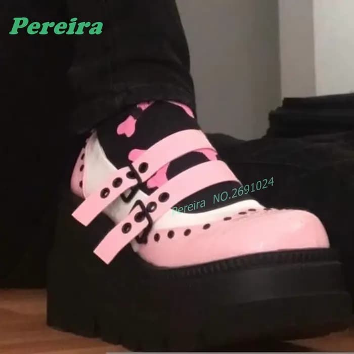 Bottines roses patchwork à multiples boucles, bout rond, style gothique, semelle épaisse, décolletées, pour femme, automne-été, découpées, chaussures punk sexy