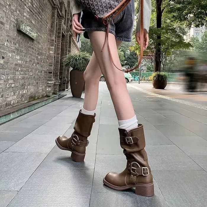Bottes de moto rondes en cuir PU pour femmes