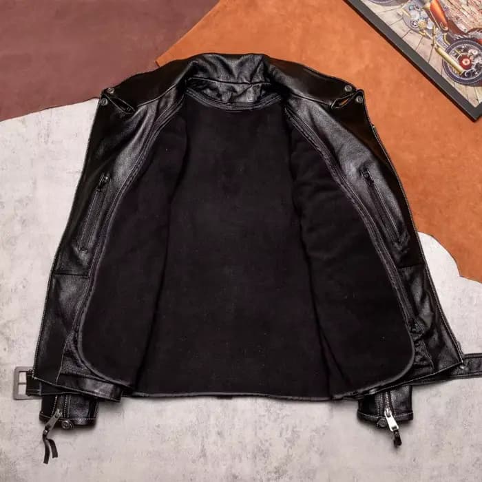 Blouson de moto en cuir marron pour homme