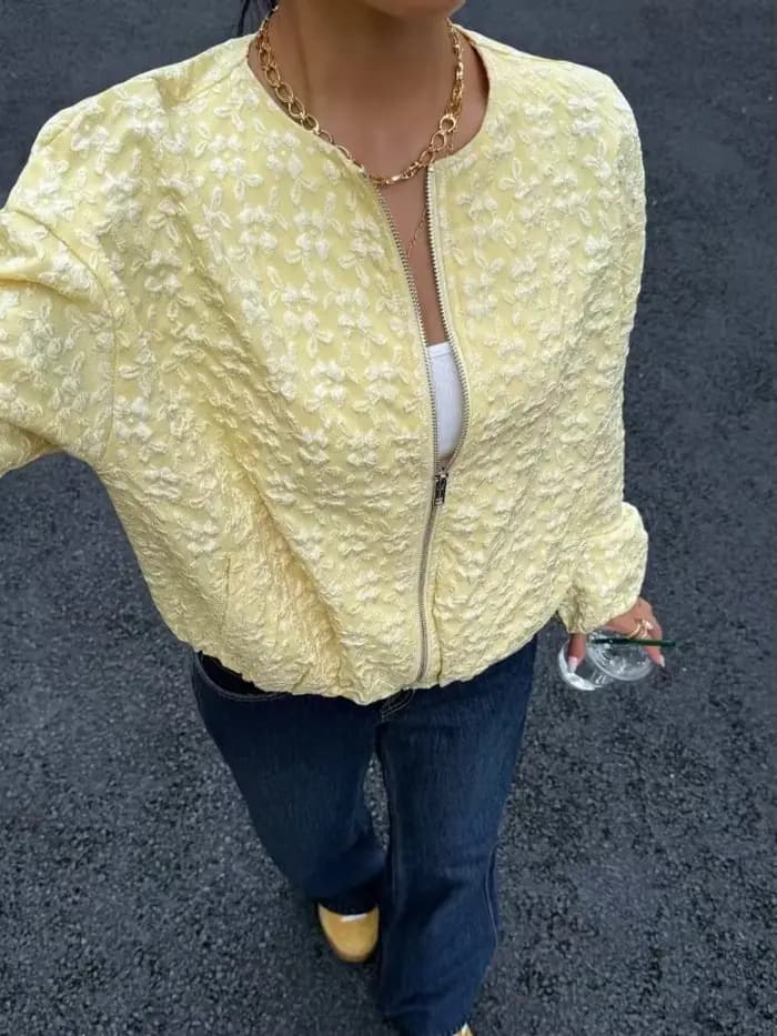 Femmes jaune Jacquard veste mode col rond fermeture éclair manches longues ample recadrée manteau dame décontracté haute rue vêtements d'extérieur quotidiens