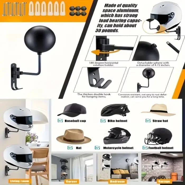 Support de casque de moto pivotant à 180° ° Étagère murale