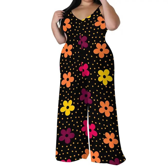 Combinaison florale grande taille – Barboteuse à jambes larges et épaules dénudées avec écharpe, pantalon Boho Palazzo pour femme