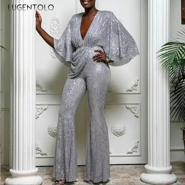 Combinaison à paillettes pour femmes, Sexy, décolleté en V profond, dos nu, élégante, mode, manches mi-longues, pantalon à jambes larges, nouvelles combinaisons de fête