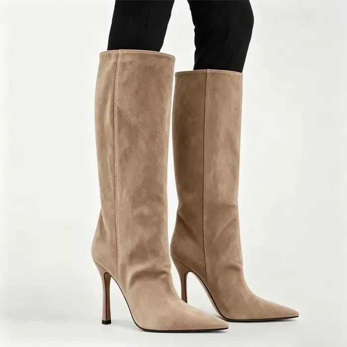 Bottes hautes en daim pour femmes, bottes à talon aiguille pointues et à tige large, 5 couleurs : noir/marron/rouge/gris/camel, bottes hautes pour soirée d'hiver