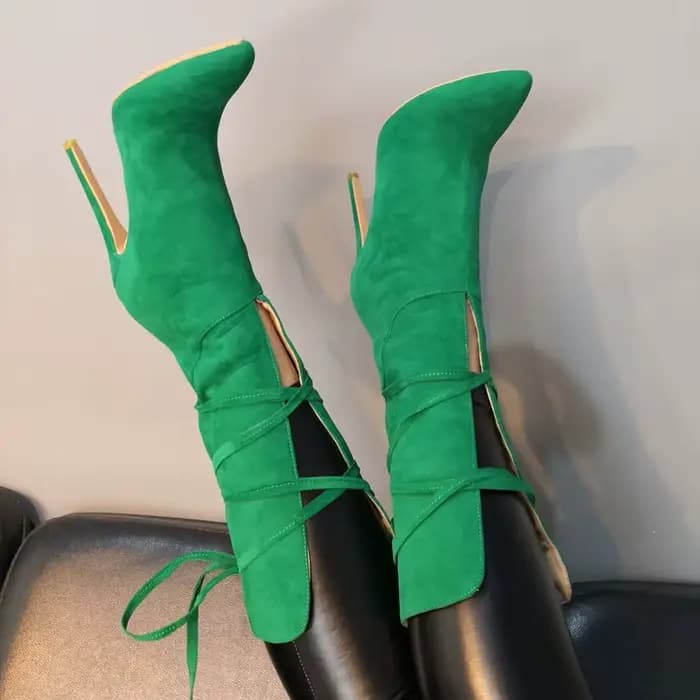Femmes Sexy talons hauts bottes vertes à lacets mi-mollet chaussons bout pointu dame bottes de fête femme Botas