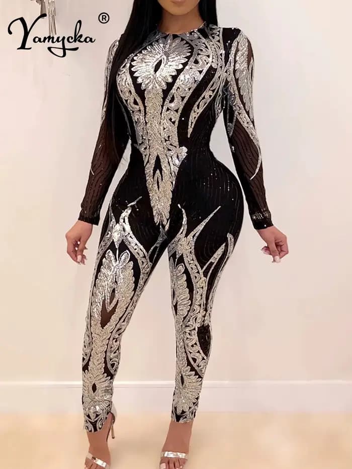 Combinaison moulante sexy à manches longues et sequins pour femme, tenue une pièce pour soirée d'anniversaire ou boîte de nuit, combinaison-pantalon pour femme
