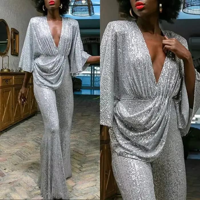 Combinaison dos nu à paillettes pour femmes, demi-manches, pantalon à jambes larges, combinaisons de fête, Sexy