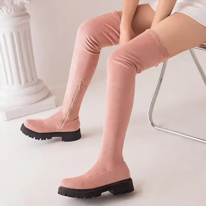 BLXQPYT Botas De Mujer Sexy élastique cuissardes bottes bout rond fond épais chaud sur le genou femmes
