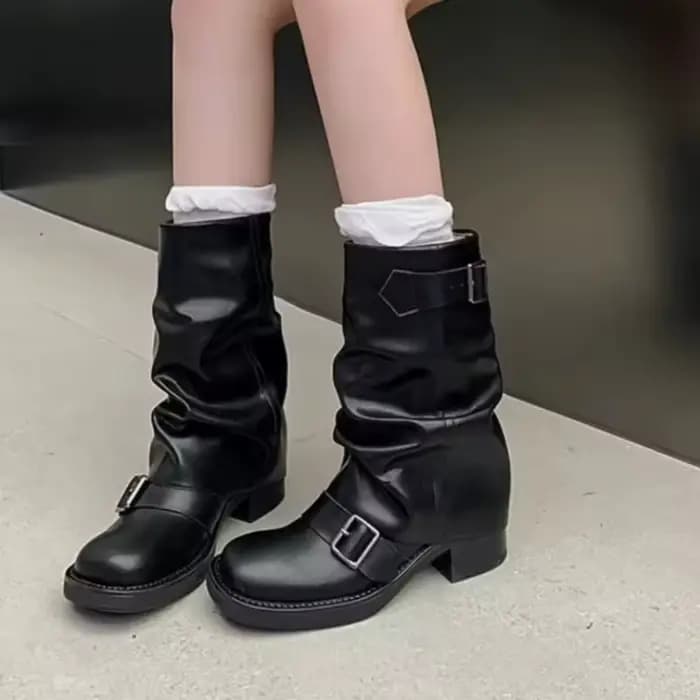 Bottes de motard rétro en cuir PU pour femmes