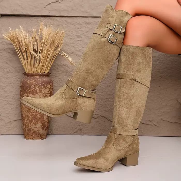Bottes hautes en faux daim tendance pour femme, collection automne 2026, à bout pointu et talon épais, style western et cowboy