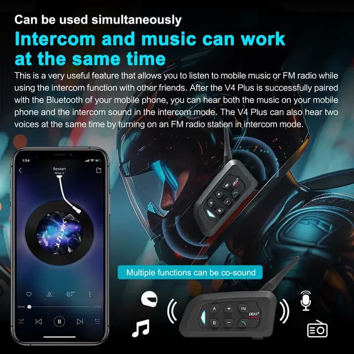 EJEAS V4 Plus casque de moto Bluetooth talkie-walkie 4 coureurs Distance 1500 mètres Full Duplex IP65 étanche
