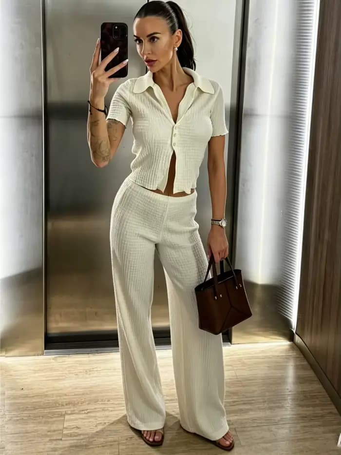 Ensemble tailleur décontracté pour femme, pantalon droit, ensemble pantalon texturé marron d'été, ensembles 2 pièces, tenues pour femme, nouveaux ensembles assortis