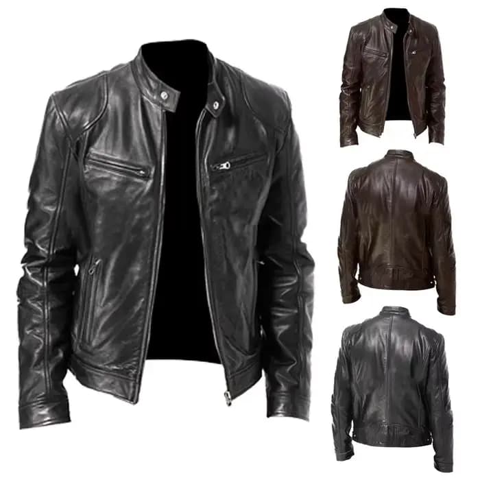 Veste de moto en cuir Punk pour hommes, manteau de motard à col montant, mode jeunesse, Style urbain, fermeture à glissière, sans capuche, disponible en Stock