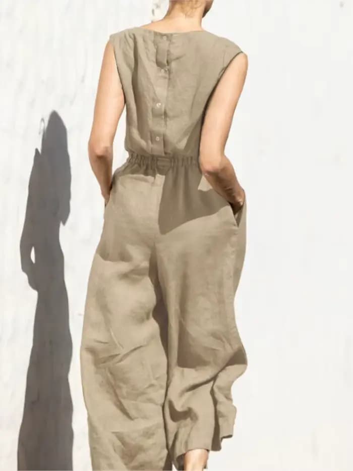 Combinaison en coton et lin pour femmes, élégante, couleur unie, avec boutons, col rond, poche en fibre, taille élastique, vêtements de bureau