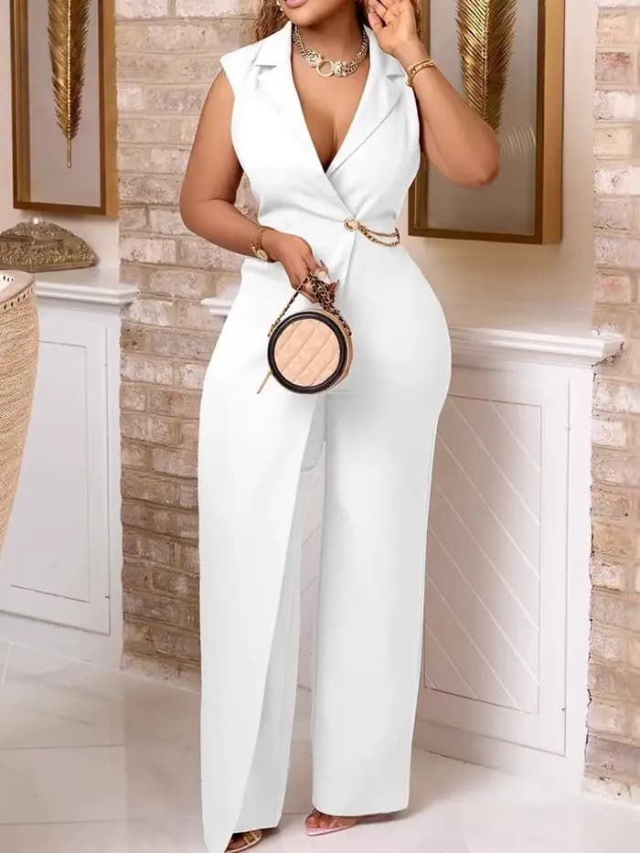 Combinaison femme avec chaîne col en V Blazer col pleine longueur combinaison dames été sans manches combinaison en gros livraison directe