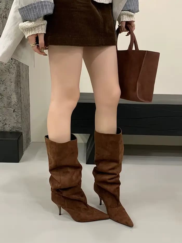 Bottes à talons hauts pointus de 8 cm pour femme, en daim, polyvalentes, mi-mollet, pour banquets, bottines de marque de créateur
