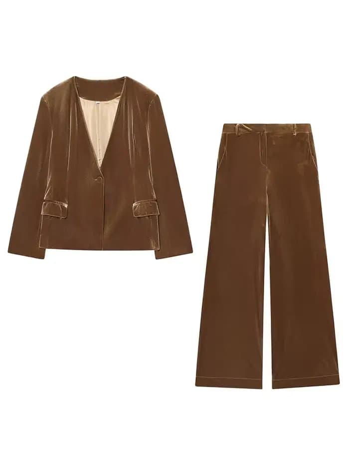 Ensemble pantalon femme HH : Blazer uni à col en V et boucle unique avec poches décoratives + pantalon décontracté ample à fermeture éclair et jambes larges – Style urbain
