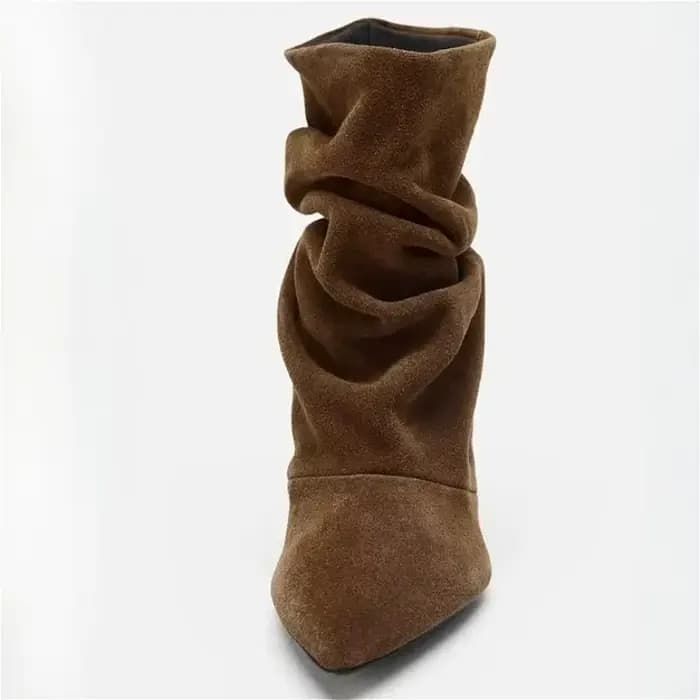 Bottines d'hiver en daim pour femmes, bottes courtes plissées à bout pointu, bottes à la cheville élégantes rétro marron pour femmes, bottes femmes