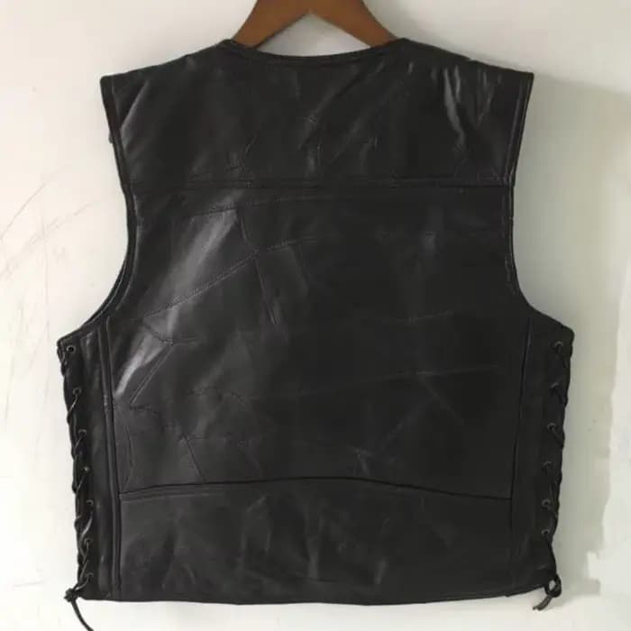 Gilet de moto en cuir noir réglable avec lacets latéraux pour homme