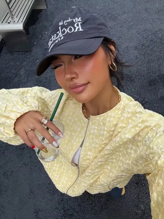 Femmes jaune Jacquard veste mode col rond fermeture éclair manches longues ample recadrée manteau dame décontracté haute rue vêtements d'extérieur quotidiens
