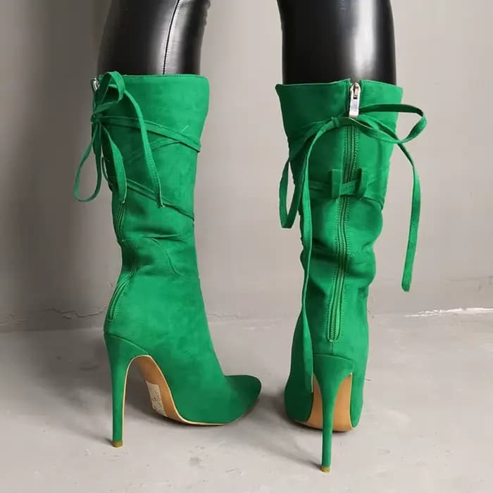 Femmes Sexy talons hauts bottes vertes à lacets mi-mollet chaussons bout pointu dame bottes de fête femme Botas