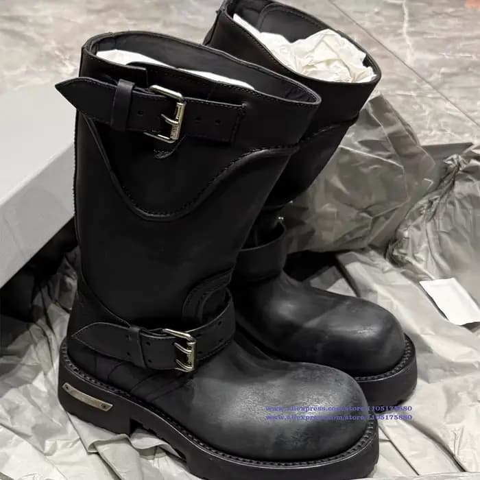 Bottes de moto en cuir noir pour hommes