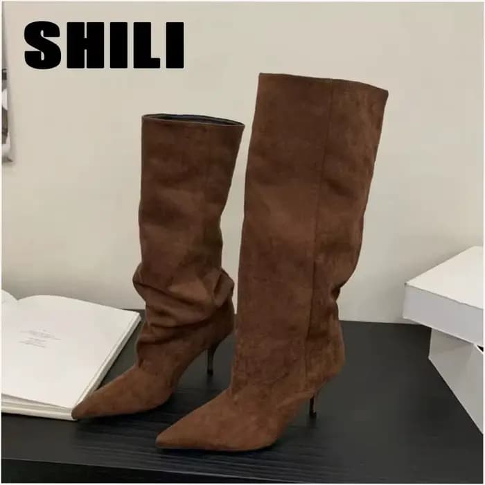 Bottes à talons hauts pointus de 8 cm pour femme, en daim, polyvalentes, mi-mollet, pour banquets, bottines de marque de créateur